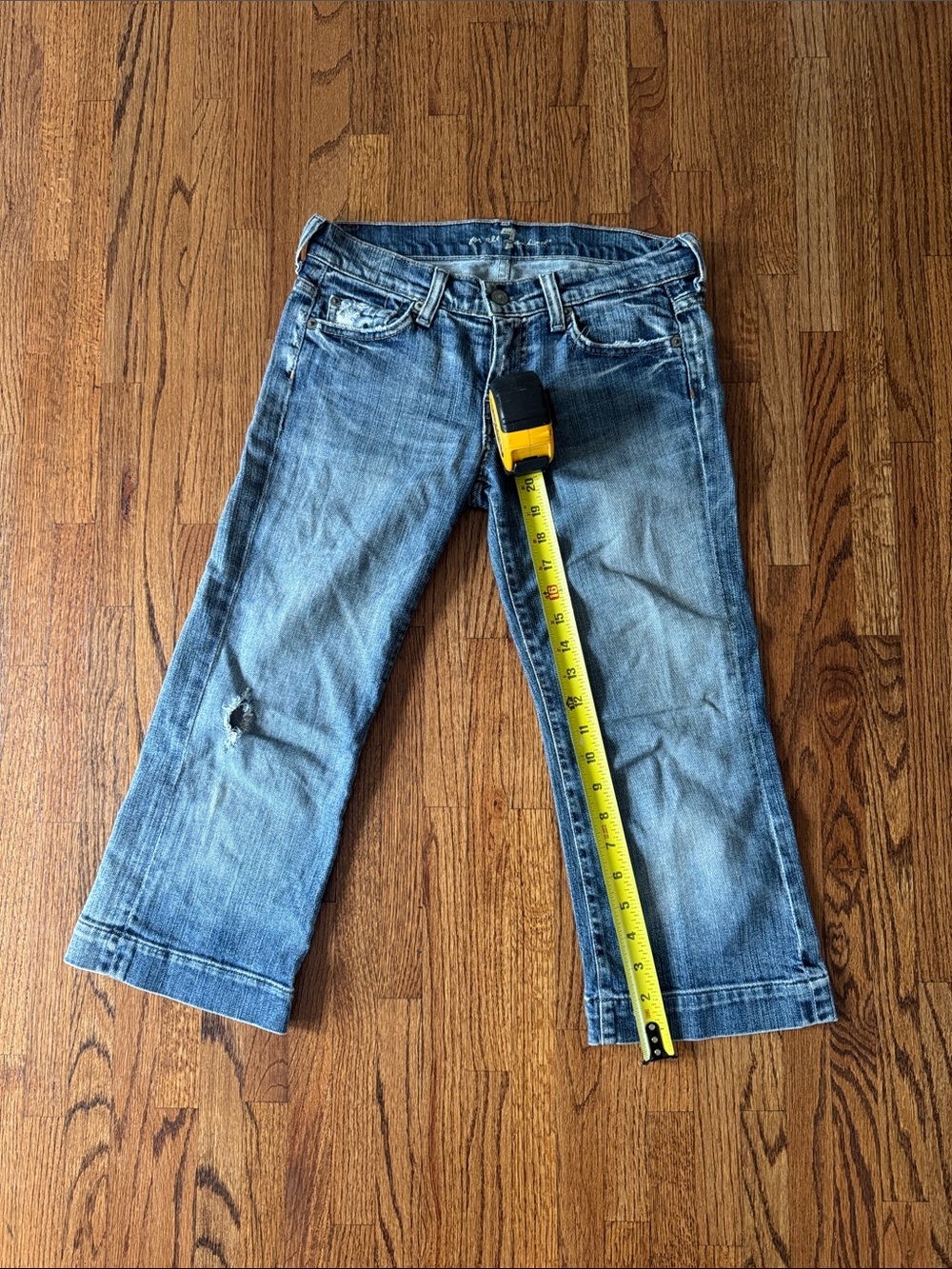 7 For All Mankind Faded Blue Wide-Leg Jeans with Knee Distress